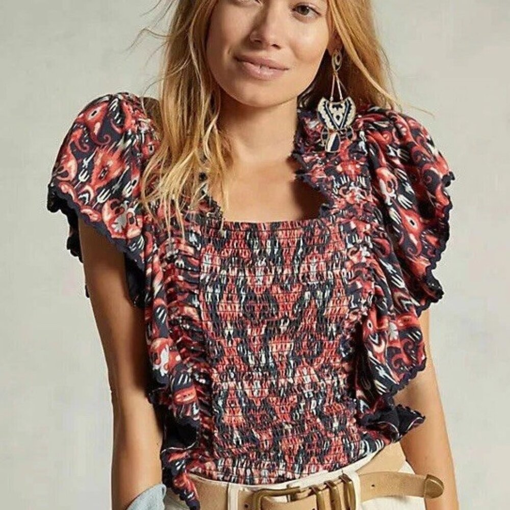 Anthropologie Let Me Be Smocked Crop Top Flutter Sleeves Shirt sz M Ruffle